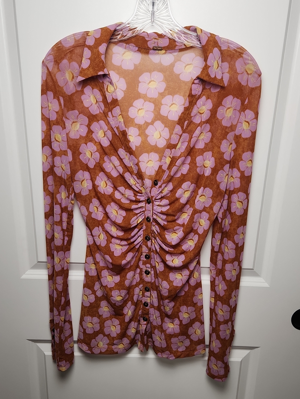 Free People Brown And Lavender Floral Long Sleeve Sheer Button Down Shirt Size S - Picture 8 of 11